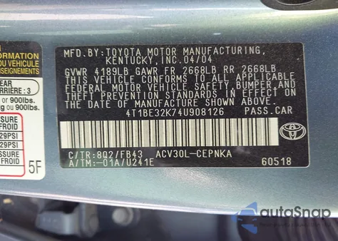 2004 Toyota Camry Le z USA, uszkodzony, nr VIN 4T1BE32K74U908126